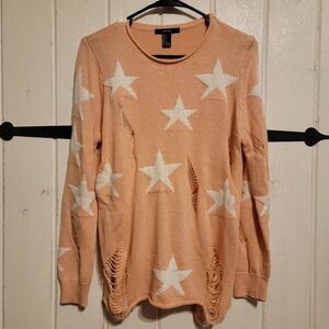 Forever 21 Womens Sweater Distressed Star Print Knit Long Sleeve Size Small